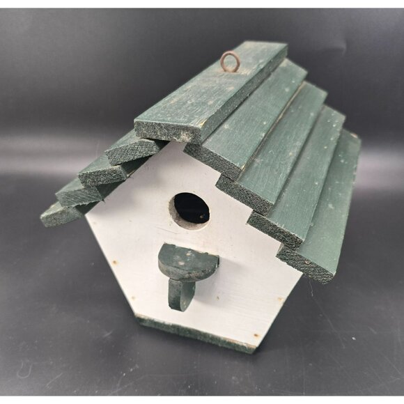 Vintage Rustic Green & White Wooden Birdhouse With Slanted Roof Folk Art CM2035 - Picture 9 of 10